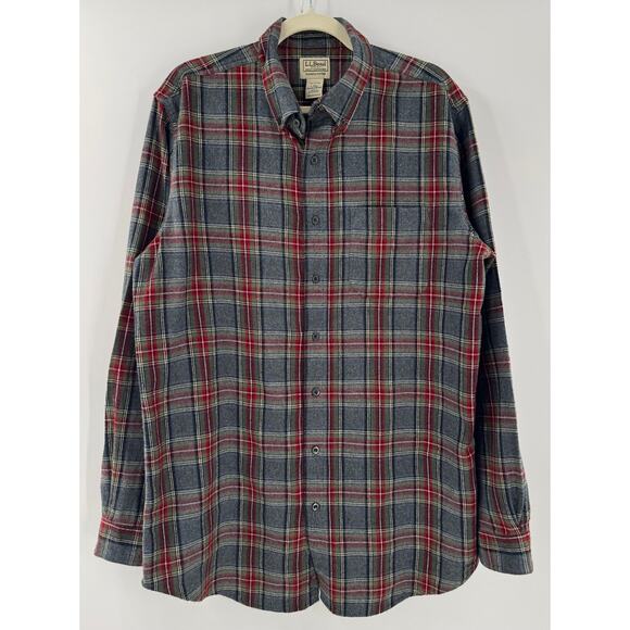LL Bean Mens Scotch Plaid Flannel Shirt Gray Red Button Down Large Tall - Picture 1 of 6